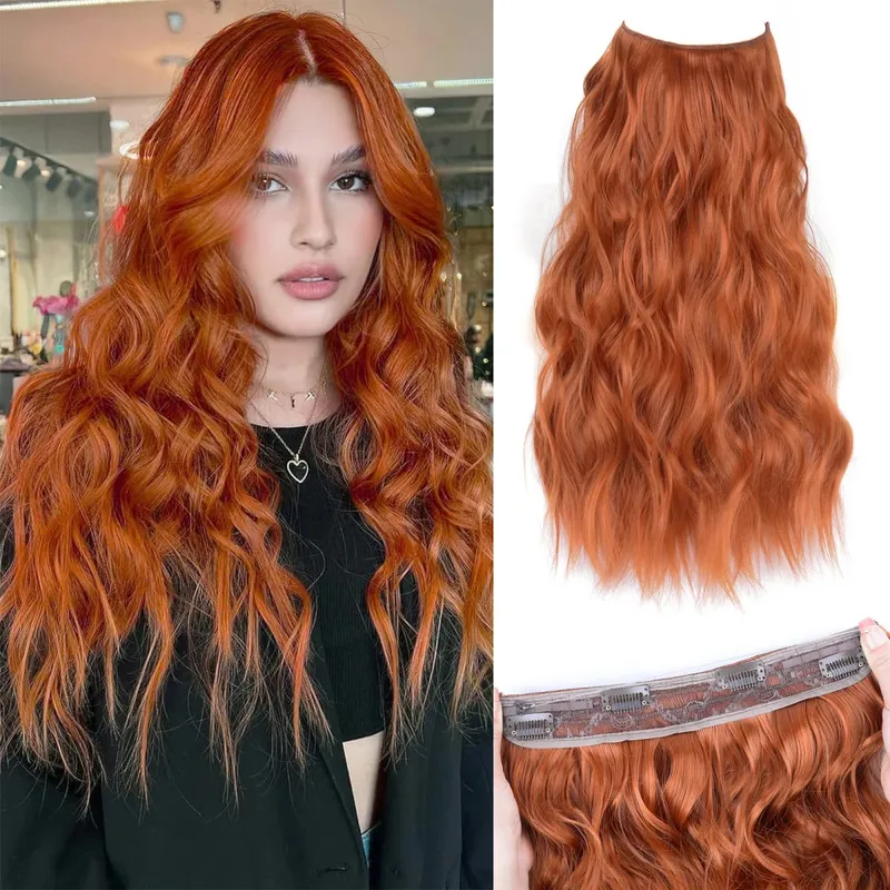 Extensions de cheveux synthétiques à fil Invisible, 4 Clips, ligne de poisson naturelle longue et ondulée, faux postiche une pièce pour femmes — image 16