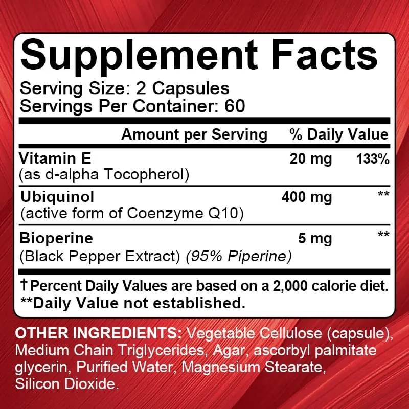 Coenzyme Q10 400 mg Softgel Antioxidant - Excellent absorbency active form for heart immune and skin health
