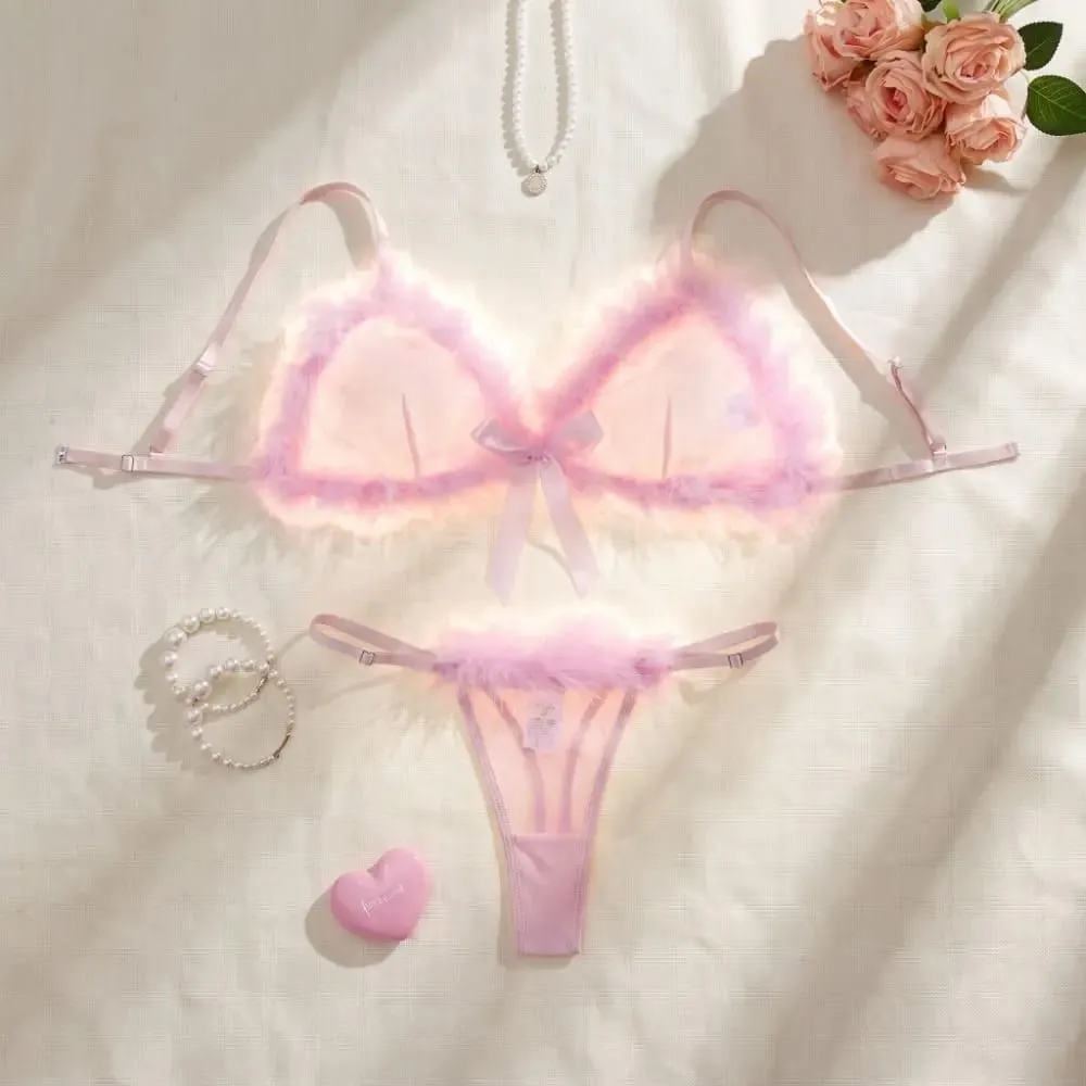 Sous-vêtements en fourrure pour femmes, ensemble de Lingerie en maille transparente sans fil, décor de nœud, soutien-gorge intime romantique, culotte, costume pour la saint-valentin — image 4