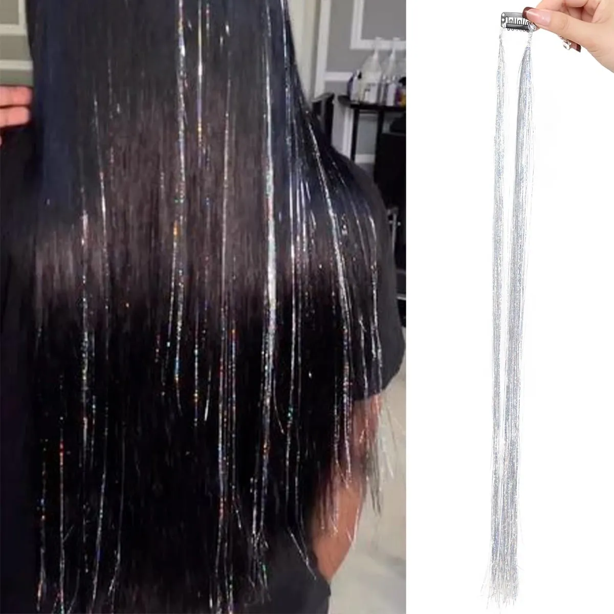 24 Zoll 1 Stück farbige Haarverlängerungen mit Lametta, langes, glattes Haarteil, Farbparty-Highlights, Clip-in-Kunsthaarverlängerung — image 8
