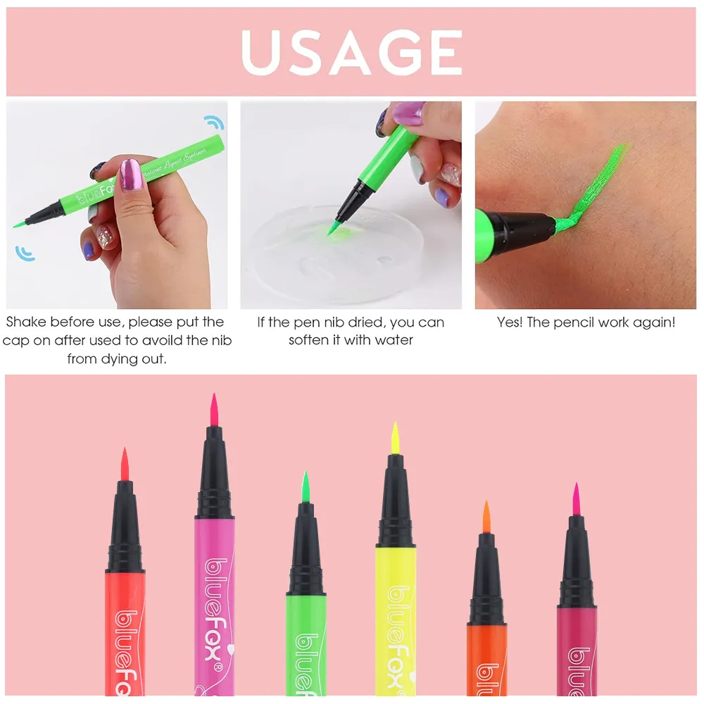 6 ชิ้นนีออนเรืองแสง UV Glow อายไลเนอร์กันน้ำ Long Lasting สีสัน Liquid Eye Liner Rave Party แต่งหน้าฮาโลวีนเครื่องมือ — image 4