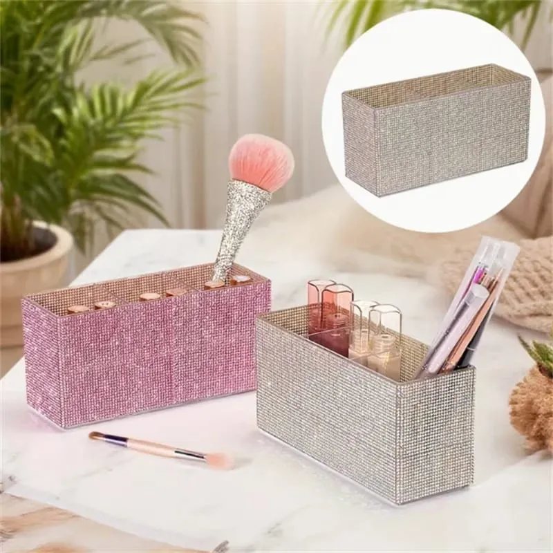 Pengatur Kuas Rias Berlian Imitasi Berkilau dengan 3 Kompartemen Kuas Rias Kapasitas Besar Kotak Penyimpanan Alat Kosmetik Lipstik — image 3