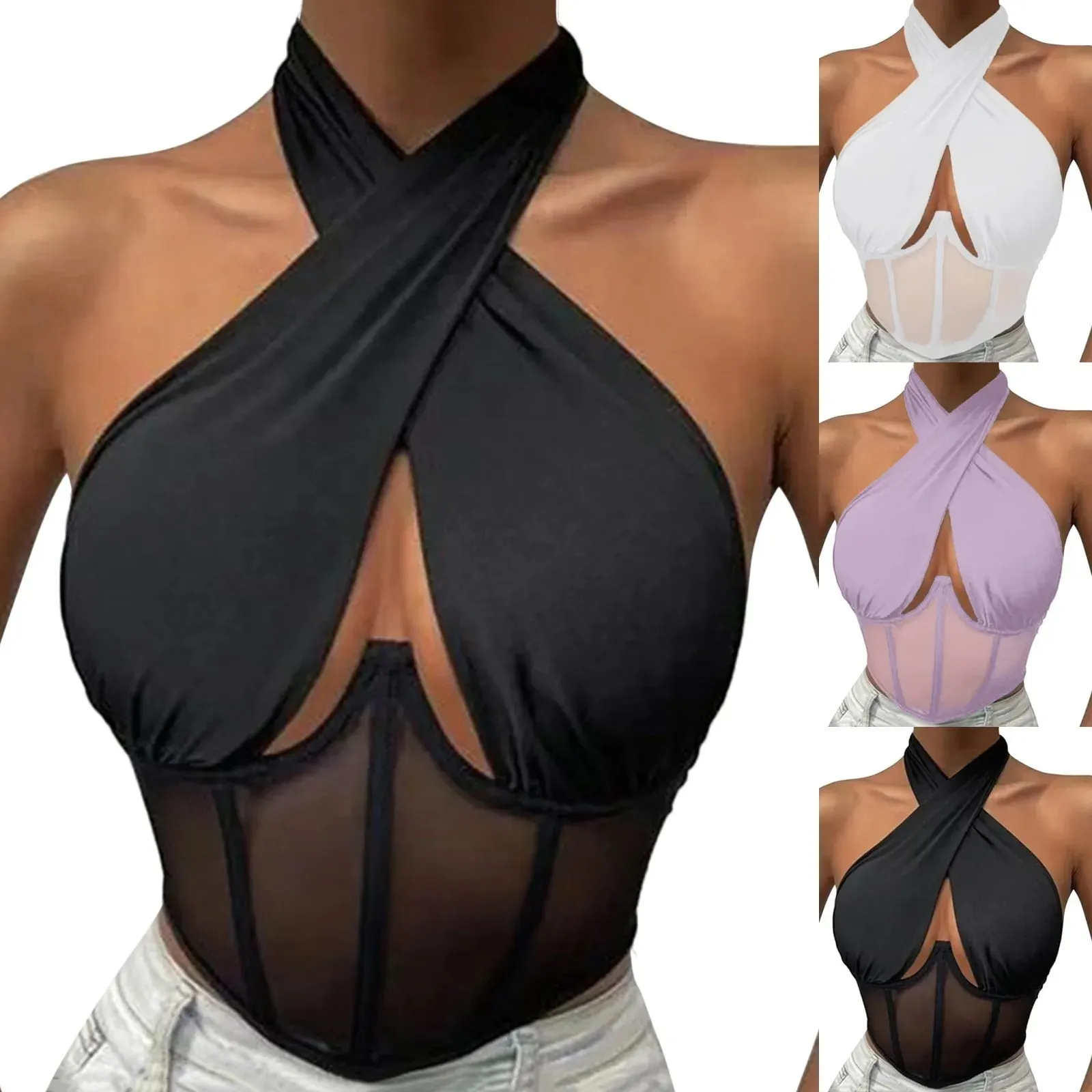 Frauen Ärmellose Fishbone Korsett Weste Solide Aushöhlen Cropped Top Sommer Halter-Backless Sexy Tops Y2k Camis Ropa De Mujer — image 2