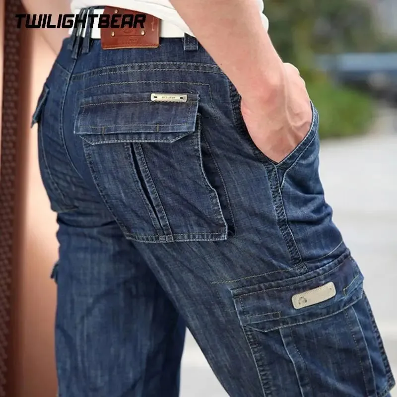 Yüksek Kaliteli erkek Kot Çok Cep Denim Kargo Pantolon Büyük Boy Rahat Pantolon Erkek Giyim Gevşek Pantolon 29-44 — image 1