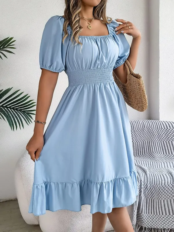 Frühling Sommer Elegantes Kleid mit hoher Taille Square Neck Kurzarm Rüschenkante Lange Kleider 2026 Valentinstag Damenbekleidung — image 12