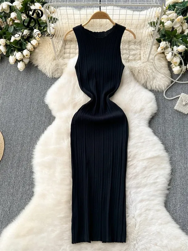 Pakaian Panjang Sarung Wanita O Leher Tanpa Lengan Pejal Berlipat Berkait Berkait Fesyen Elastik Bertali Elegan Pakaian Bodycon Seksi Retro — image 8