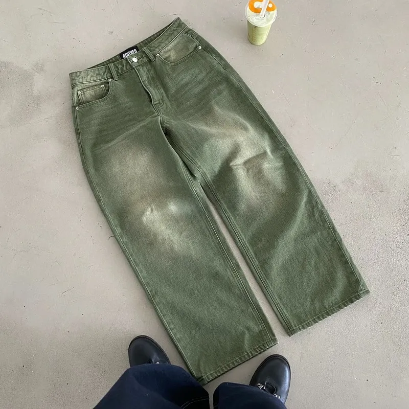 Y2K 레트로 말차 데님 청바지 씻어 당구 수 놓은 데님 바지 런던 패션 뉴욕 스타일 streetwear 남여 헐렁한 청바지 — image 2