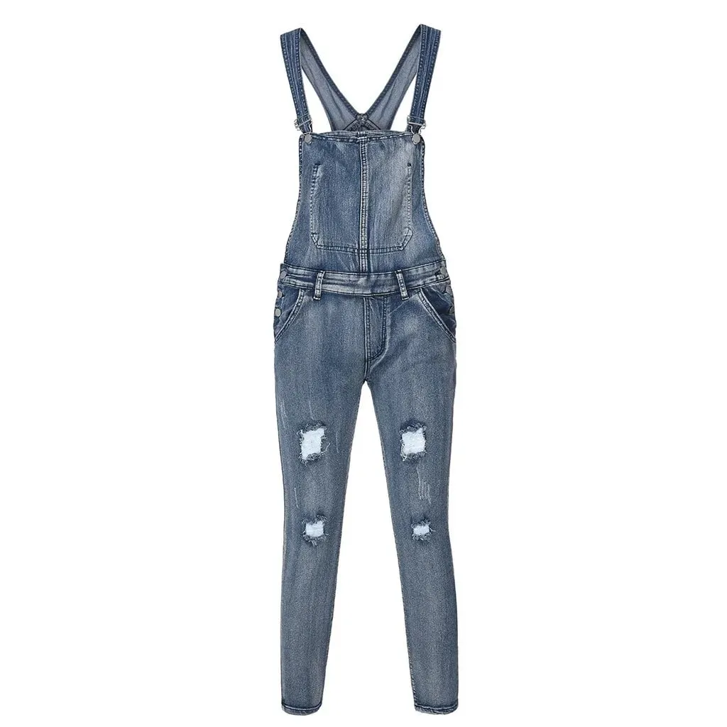 Salopette jeans da uomo Matita in denim lavato Lunghezza alla caviglia Tasche effetto consumato con foro in un pezzo Bretelle vintage strappate con impiombature casual — image 4