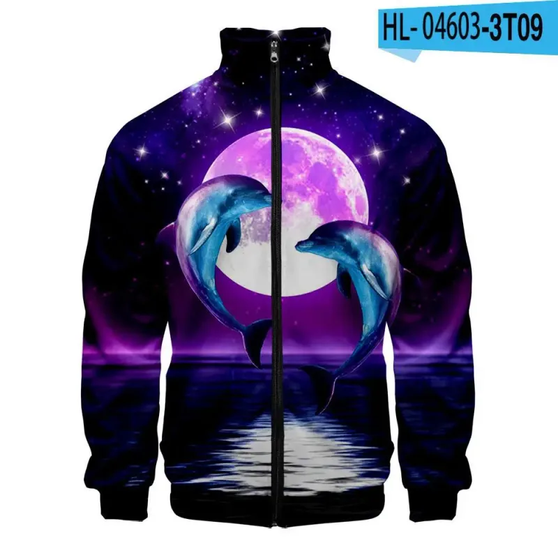 Harajuku Popular Novelty dolphin 3D Print Zipper Raglan Jacket Windbreaker Boys/Girls Comfortable Stand Collar Jackets Coats — image 8