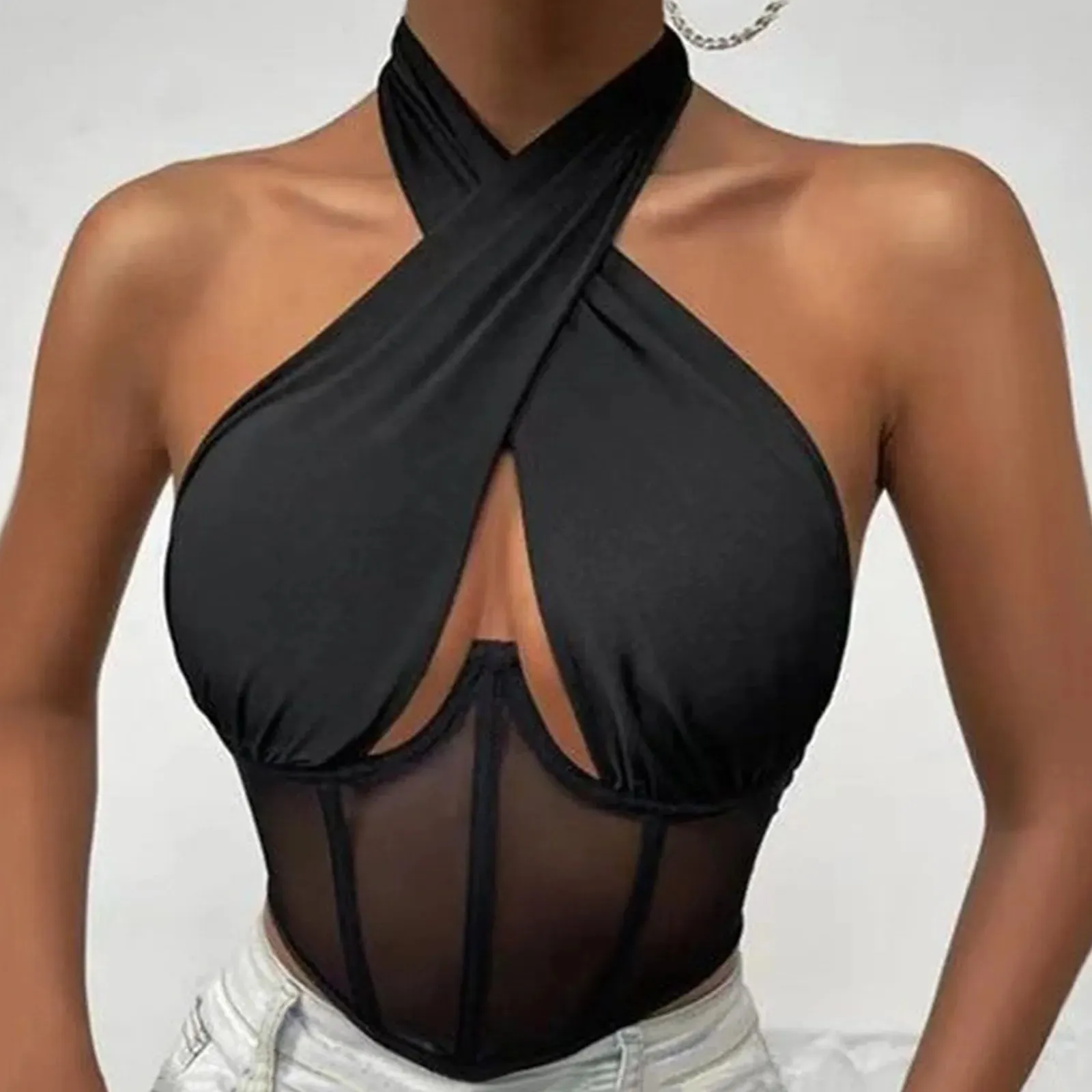 Frauen Ärmellose Fishbone Korsett Weste Solide Aushöhlen Cropped Top Sommer Halter-Backless Sexy Tops Y2k Camis Ropa De Mujer