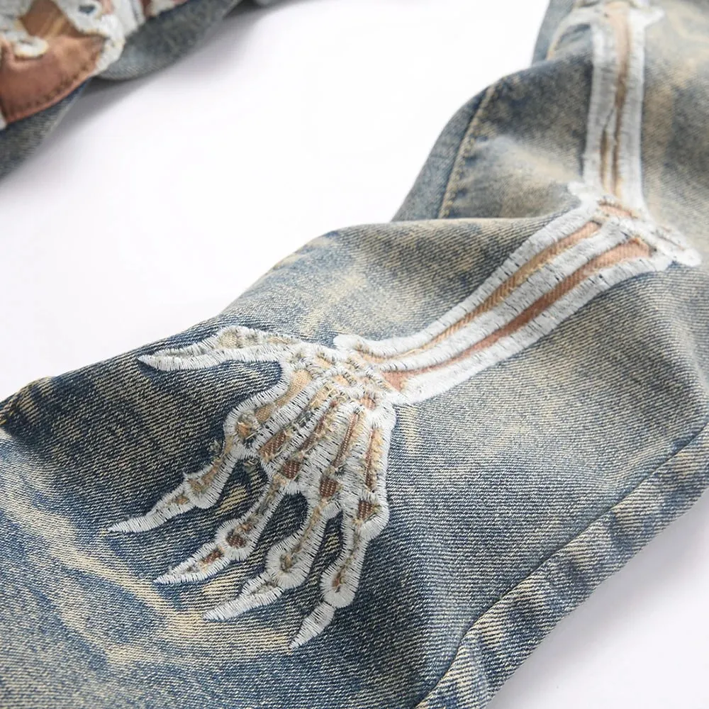 Herren-Jeans mit Totenkopf-Boot-Cut-Denim, Vintage-Stil, Blue Devil-Stickerei, Stretchhose, schmale Schlaghose — image 5