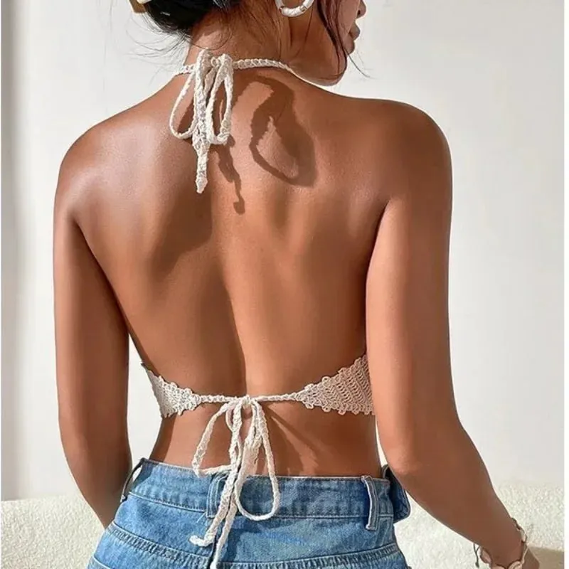 Atasan Tanaman Retro Liar Berongga Perspektif Rumbai Seksi Tali Spaghetti Tanke Top Wanita Terbina Dalam Bra Baharu Belakang Renda Halter Leher — image 7