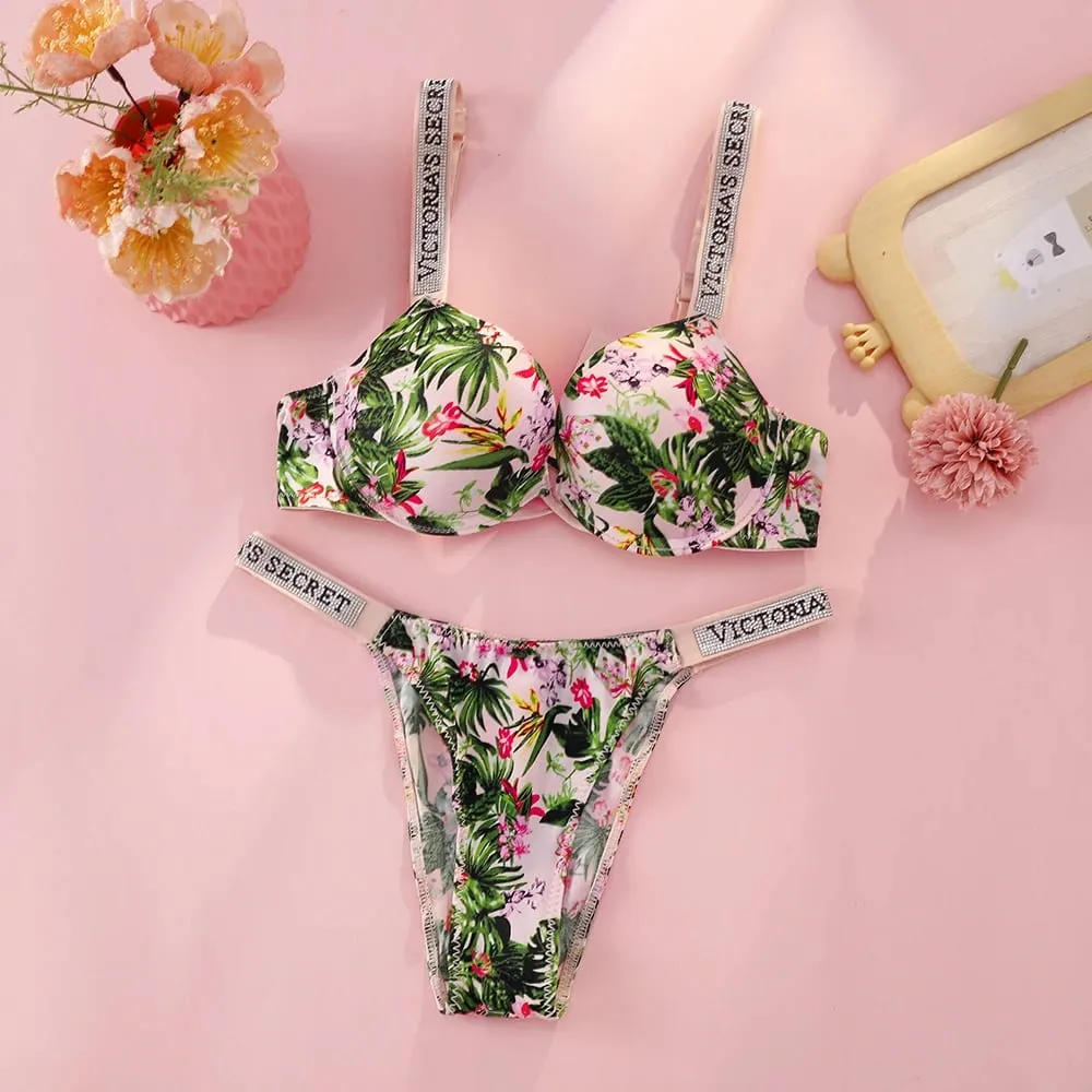VS Molto sexy Logo Shine Strap Reggiseno push up floreale tropicale Shine Script Perizoma Slip Victoria Secret Set di lingerie sexy — image 8