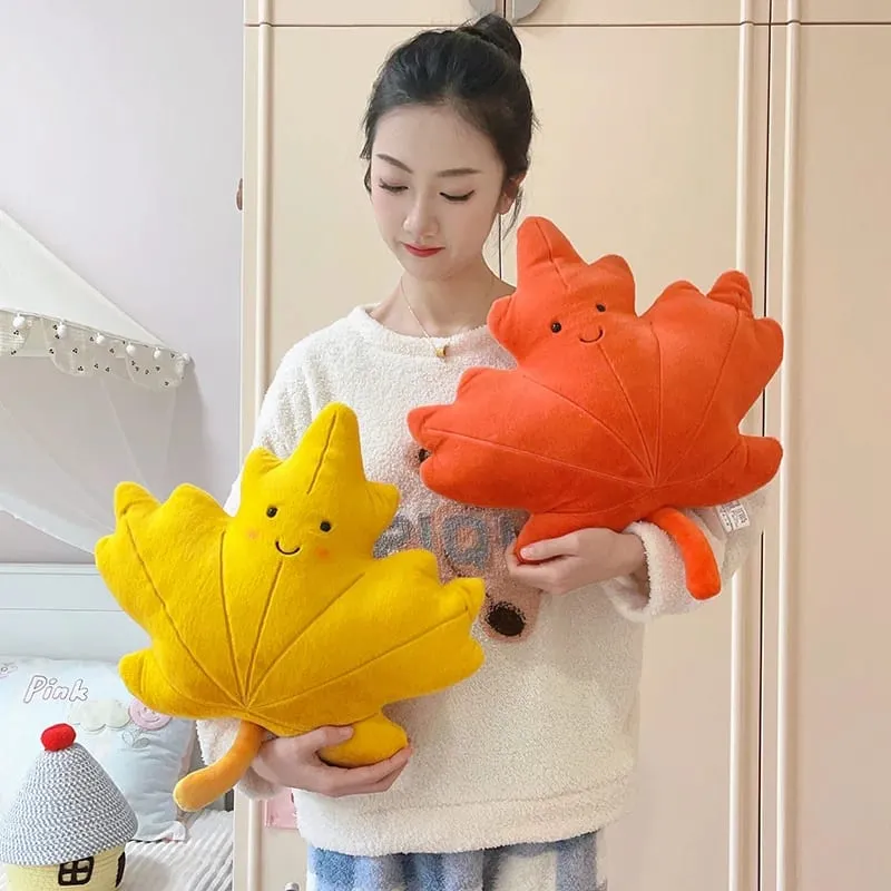 Smiling Face Maple Ginkgo Leaf Plush Pillow Stuffed Kawaii Plant Cushion Sofa Chair Decoration Gift — image 6