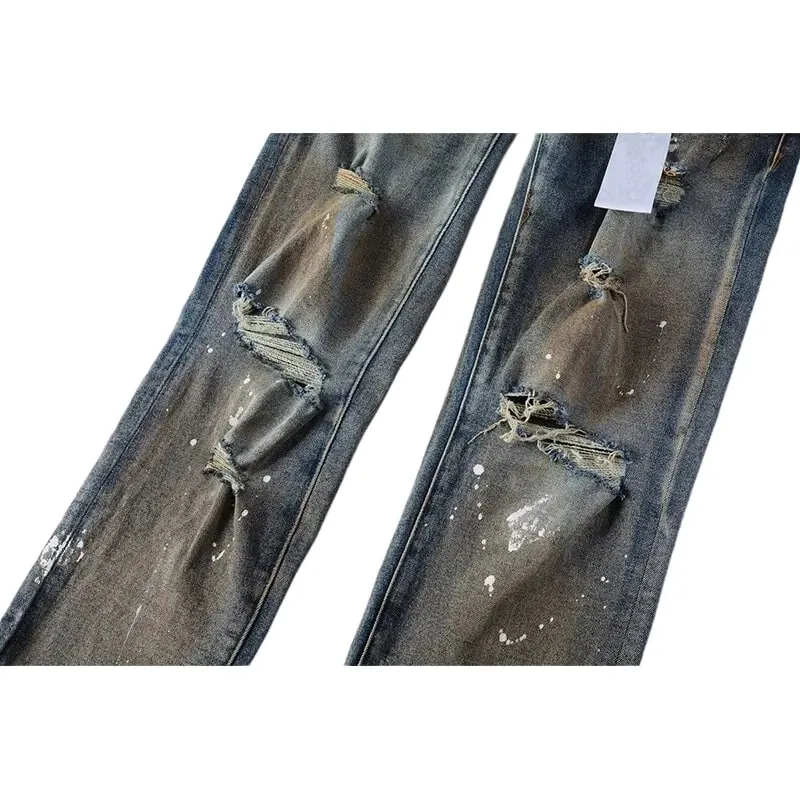 Jeans affusolati slim con strappi multipli da uomo Lavaggio sfumato blu vintage Bottoni con schizzi di vernice bianca Fly High Street Style — image 5