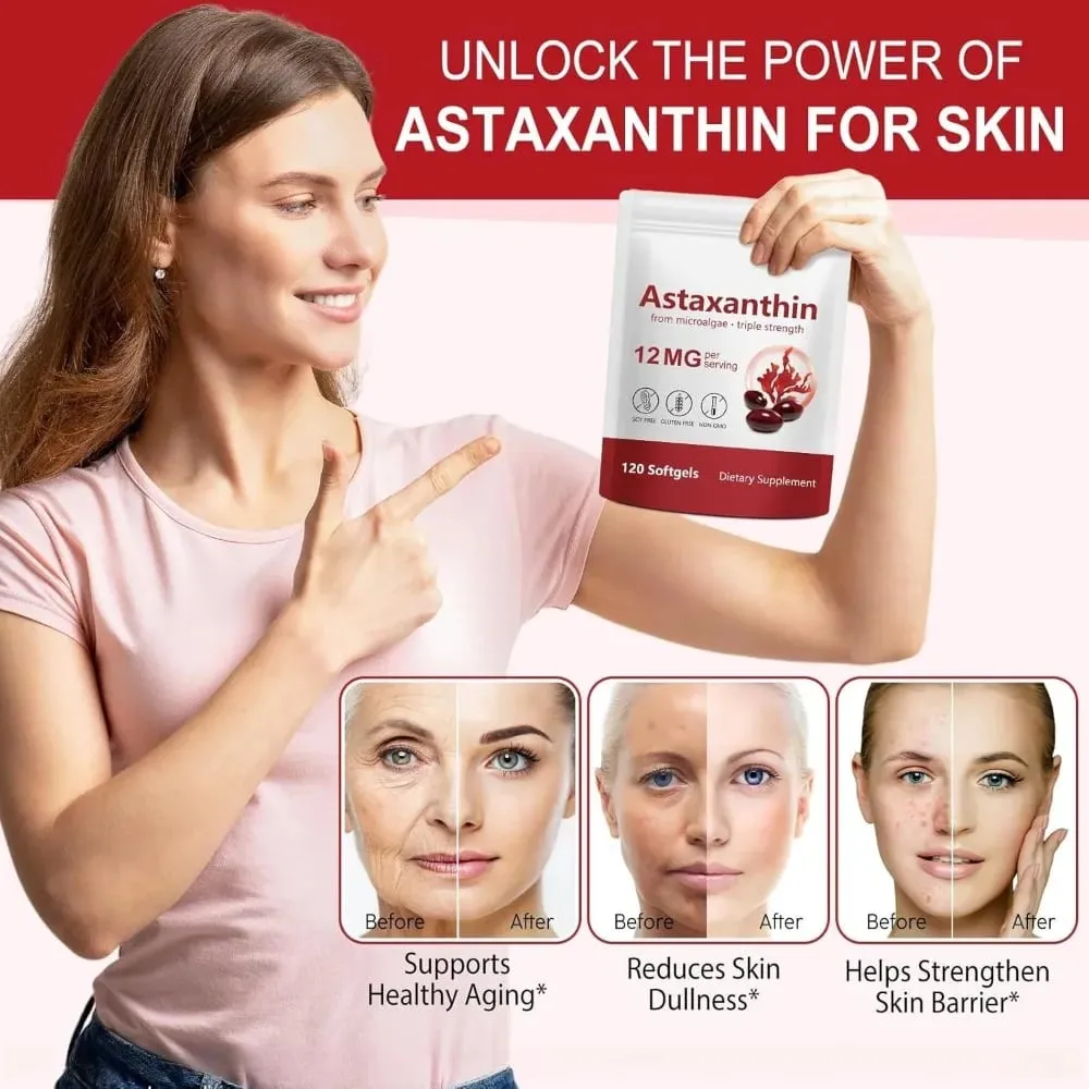 Astaxanthin Softgels 12mg pr. portion mikroalger 120 CT glutenfri sojafri ikke-GMO Vegansk understøtter antioxidantaktivitet