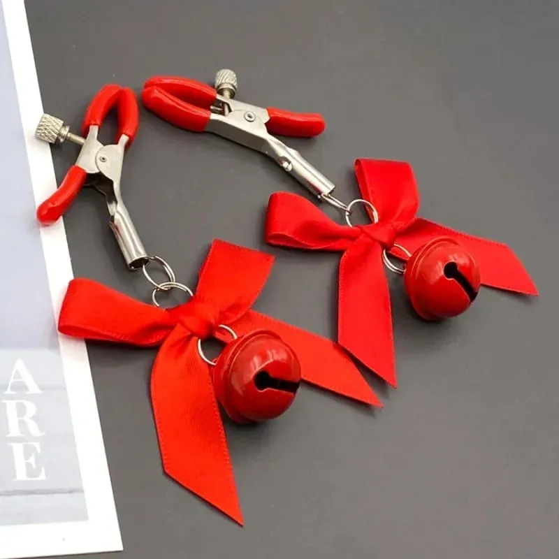 Pinces à tétons en métal pour femmes, 1 paire, petite cloche avec nœud papillon, Stimulation du sein, accessoires exotiques, boule de cheveux de Bondage, jouets sexuels Sexy pour femmes — image 2