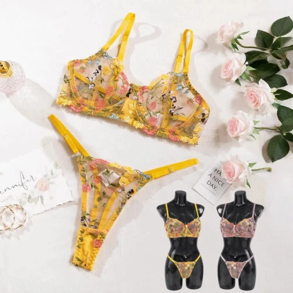2-teiliges Blumen-Dessous-Set, transparent, vielseitig, Unterwäsche, Intimates, Bügel, Push-up-Stickerei, BH, Höschen-Set für Damen und Mädchen — image 3