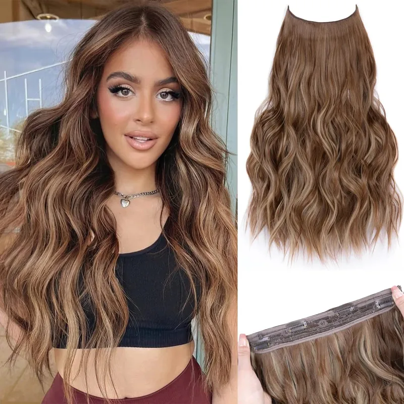 Extensions de cheveux synthétiques à fil Invisible, 4 Clips, ligne de poisson naturelle longue et ondulée, faux postiche une pièce pour femmes — image 13
