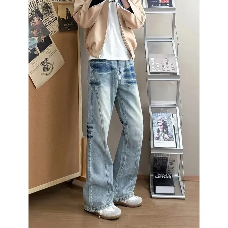 Herren-Denim-Jeans mit Blitzmuster, High Street-Stil, Frühlingsblau, lockere Passform, ausgestellte Hose, Y2K-koreanische Mode, große Größe