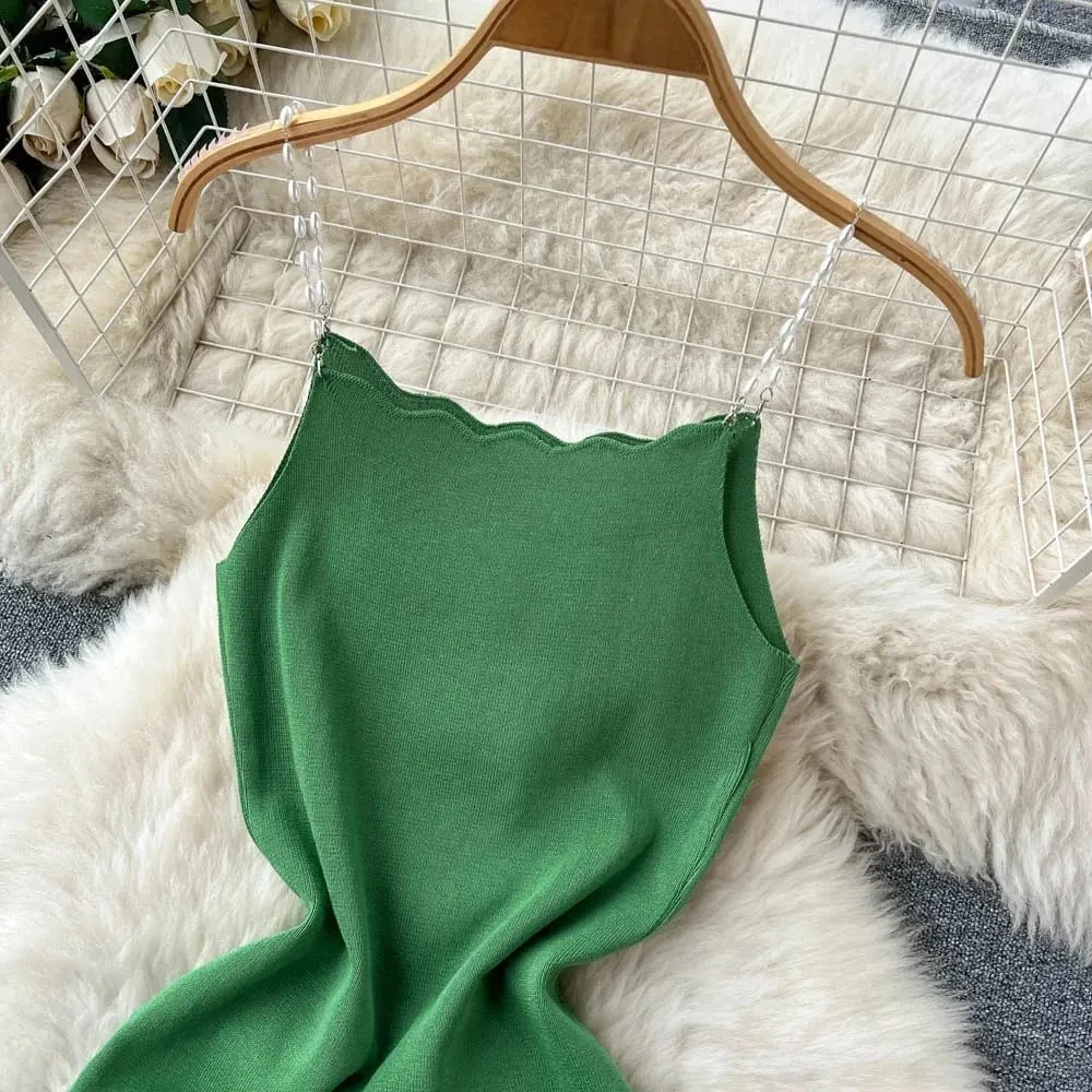 Abito da donna verde con cinturino per spaghetti verde scollo quadrato smerlato elastico a coste lavorato a maglia aderente mini abito estivo per feste da sera — image 6