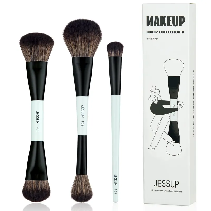 Jessup 2PCS Set Berus Mekap Dua Sisi Kit Berus Pengadun Kontur Asasi Profesional Pemerah Kening Bayang Kening Kit T502
