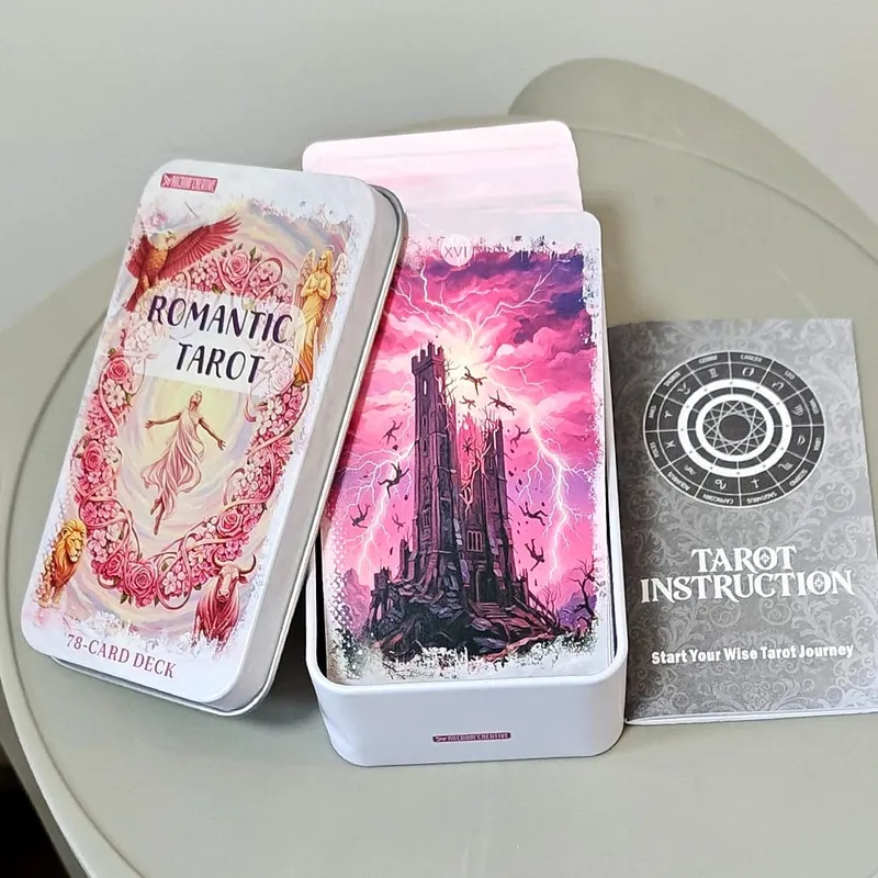 Jeu de Tarot fantaisie romantique rose, dans une boîte en fer blanc, 11x6.2cm, jeu complet de 78 cartes avec livre d'instructions, Oracle de Divination spirituelle