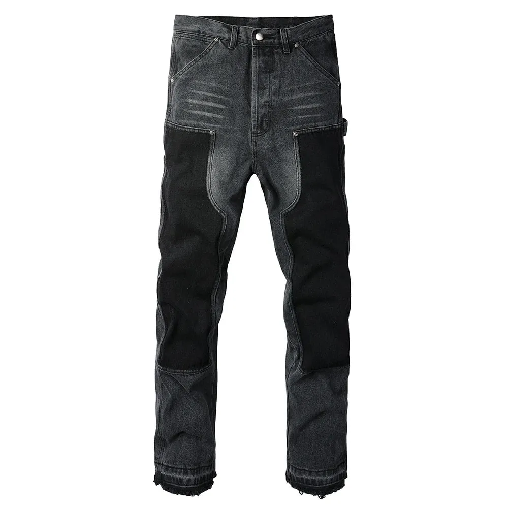 Mænd Patch Cargo Denim Jeans Streetwear Nitte Frigivet Hem Patchwork Bukser Knap Flue Løse Lige bomuldsbukser