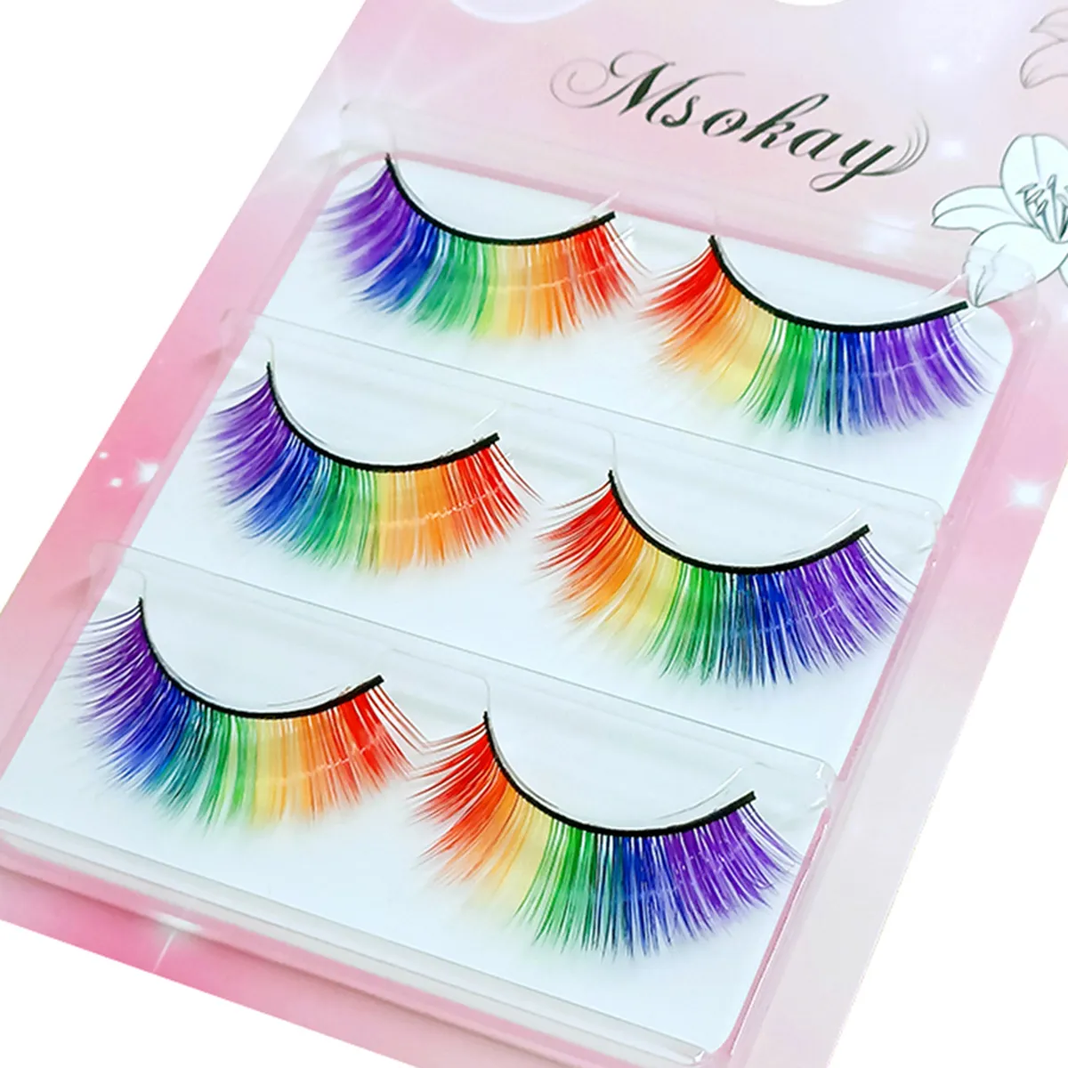 3 Paar 3D flauschige bunte Wimpern, falsche Wimpern, Regenbogenfarben, Zilien für Puppen, Make-up, gefälschte Wimpern, lange Wimpernverlängerung — image 4