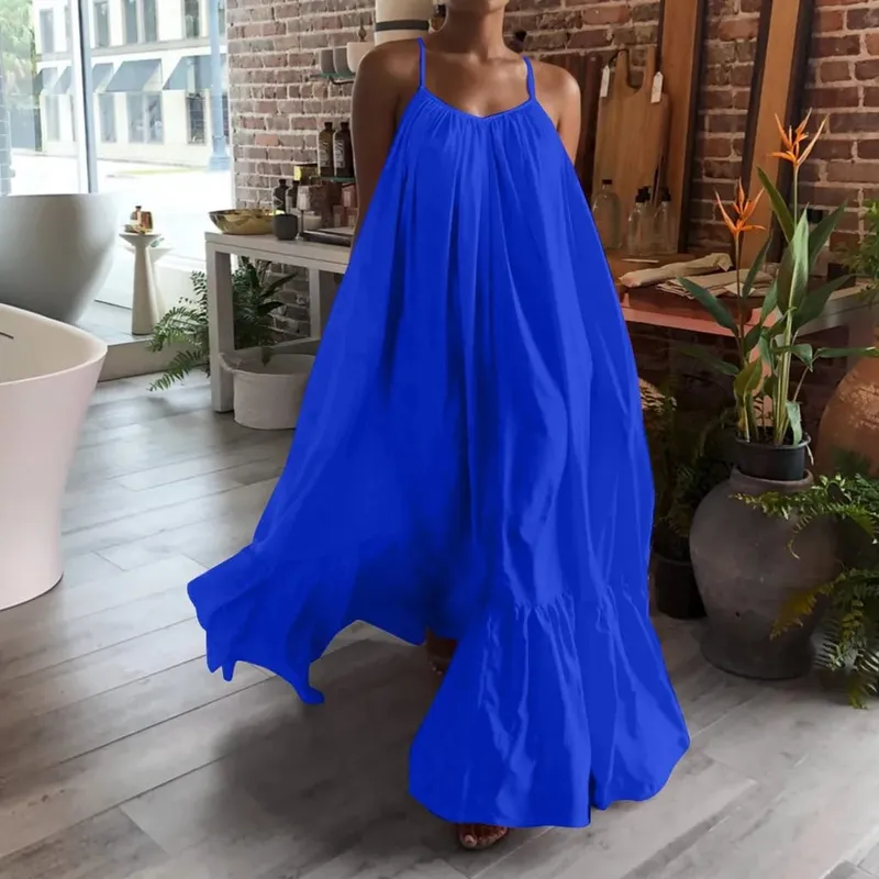 Spring Dress For Women Sexy Solid Strap Dress Pocket Loose Backless Big Swing Dresses Holiday Dresses For Women Wedding Guest — image 10