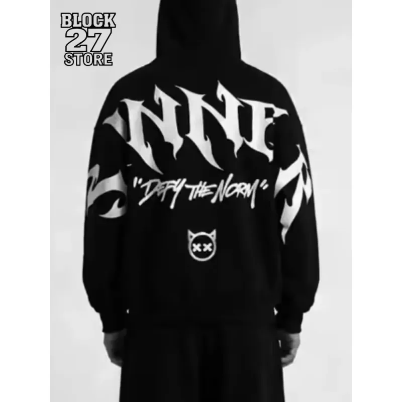 Mens Gothic Sinner Defy The Moon Print Oversized Hoodie Black Streetwear Motorcycle Riding Casual Pullover Hooded Sweatshirts — image 3