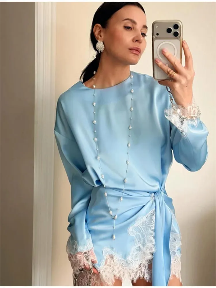 Frauen Elegante Spitze Patchwork Lace-up Kleid Solide Rundhals Volle Hülse Satin Lose Mini Kleider 2026 Frühling Party club Vestido — image 1