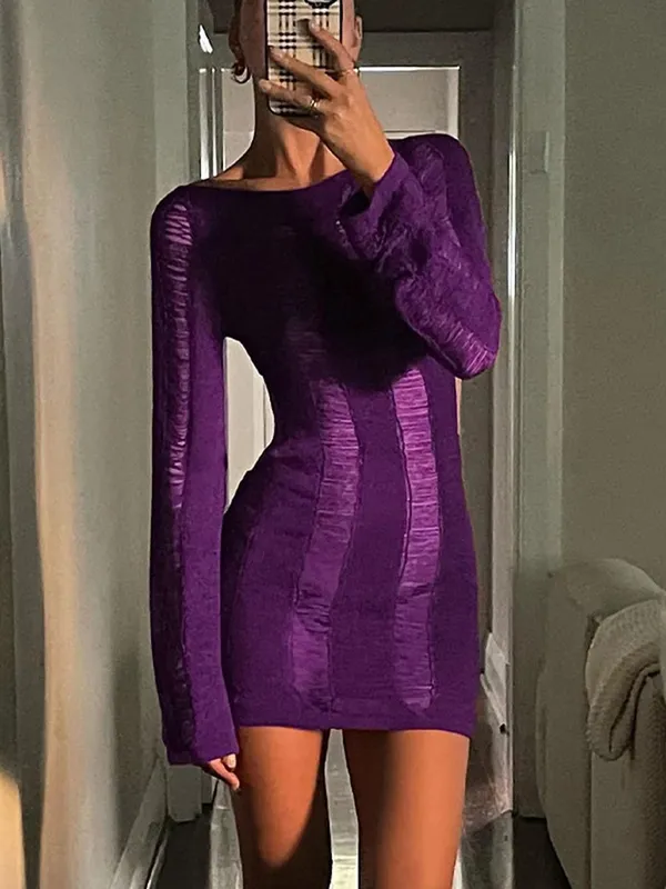 Puloru Sexy Knitted Cutout Short Dress 2022 Spring Summer Backless Long Sleeve Round Neck Wrapped Mini Dresses Streetwear Solid — image 7