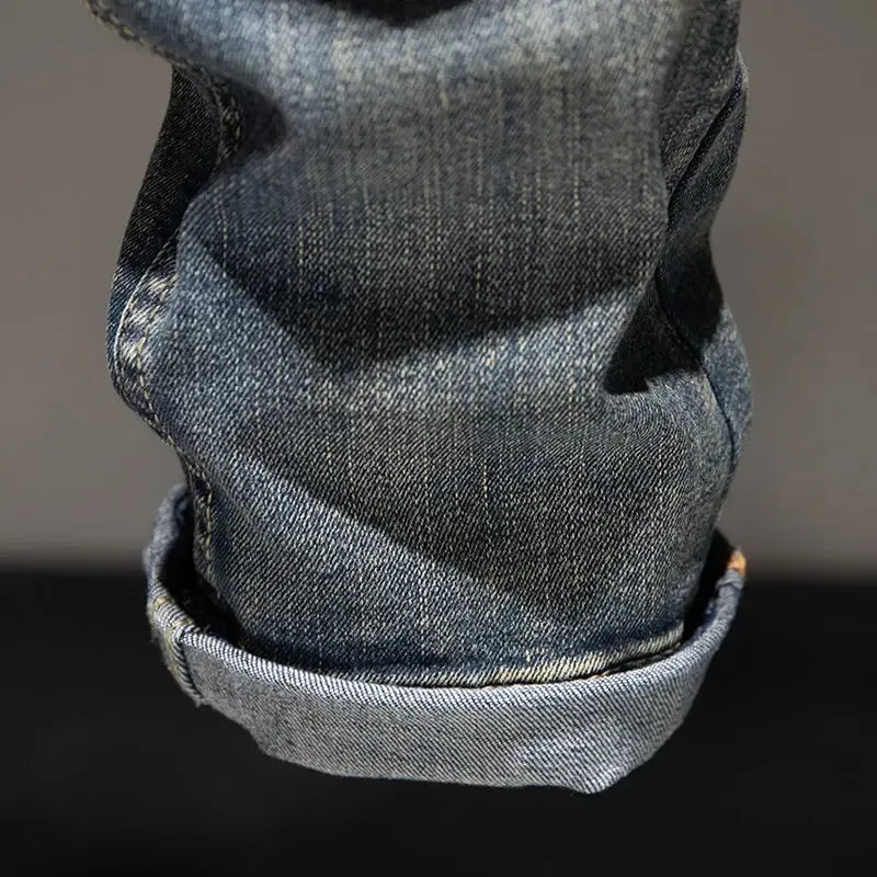 Forår og efterår Elastik Nostalgisk stor størrelse Rippede jeans Mænds løs fedt plus trendy mærke fede fyrebukser vaskede lange bukser — image 5