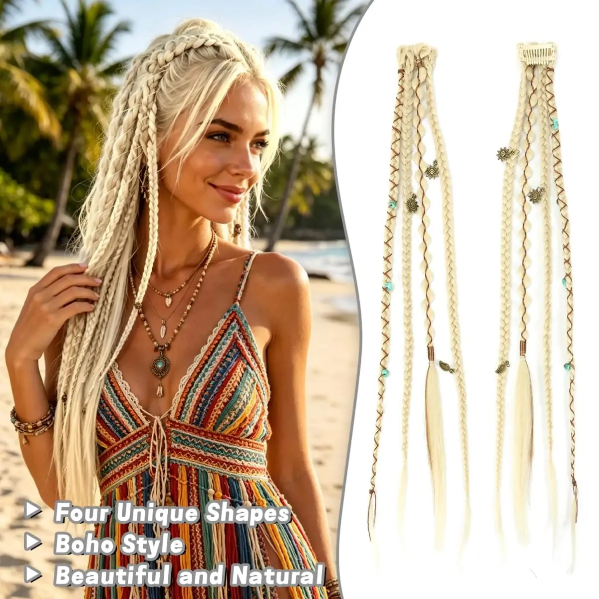 Clip in Braid Hair Extensions for Women 20" Boho Dreadlock Clip in Braids with Beads & Charms 2PCS Synthetic Braided Hairpiece — image 4