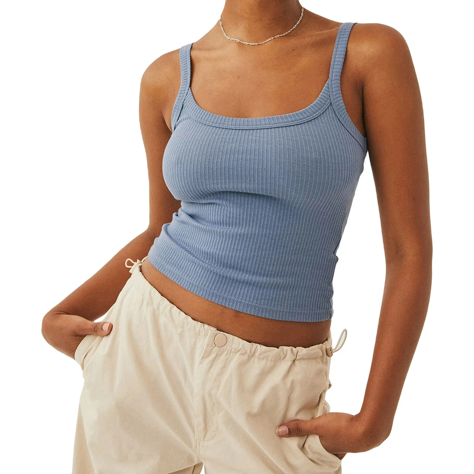 Camisetas sin mangas de color liso para mujer Chaleco básico Sin mangas acanalado Cuello en U Tops cortos ajustados — image 8