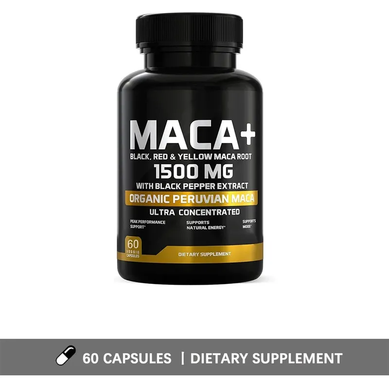 유기농 마카 뿌리 분말 캡슐 1500mg, 검정+빨간색+노란색 페루산 마카 뿌리 보충제(남성 및 여성용) 포함 - 비건 알약