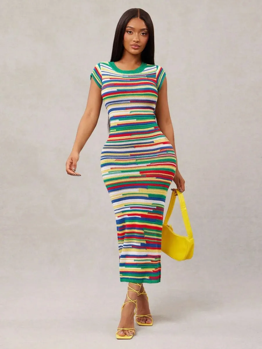 Multi-color rainbow-striped knitted round-neck short-sleeved dress suitable for various daily outfits elegant and casual women — image 2