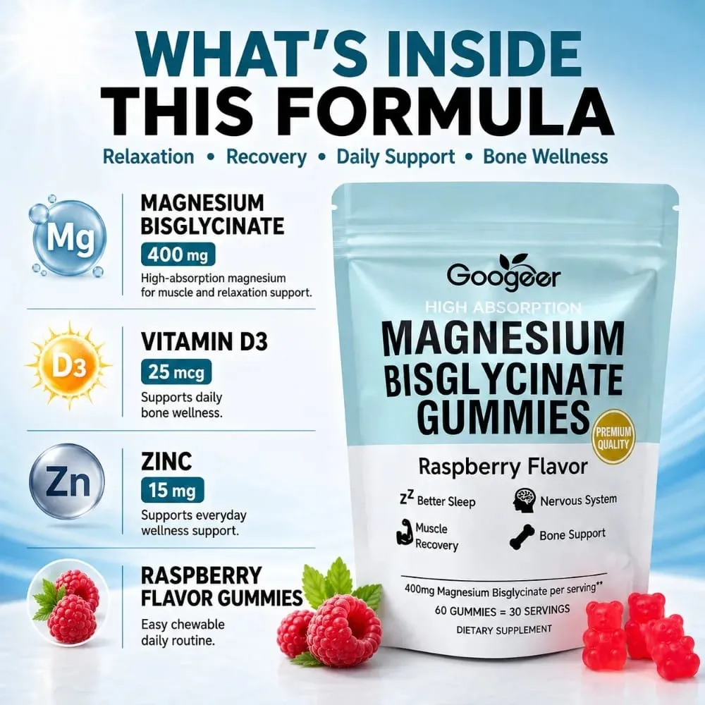 Gummies au bisglycinate de magnésium, saveur de framboise, 400 mg de magnésium, vitamine D3, Zinc, haute Absorption, 60 unités, supplément quotidien — image 4