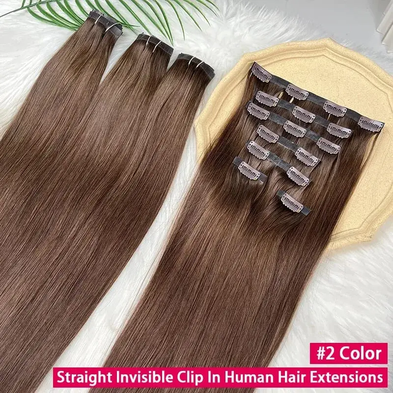 # 2 Clip invisibile senza cuciture a colori nelle estensioni dei capelli Clip di trama dritta in PU in doppia trama Capelli umani vergini grezzi al 100% 7 pezzi / 100 g