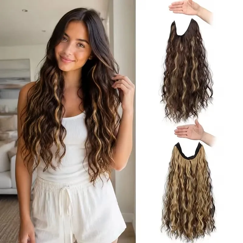 18Inch Synthetic Invisible Fish Line Hair Extensions Long Curly Wavy High Temperature Fiber Hairpiece for Women Daily Party — image 2