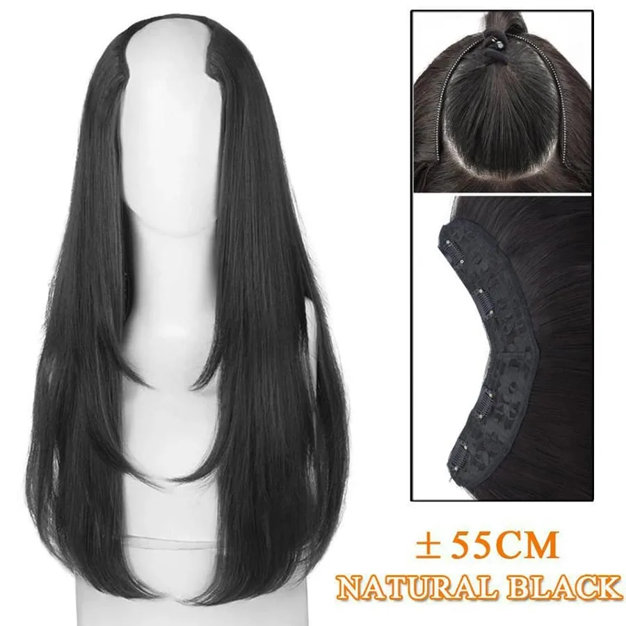 Perruque synthétique longue bouclée Invisible en forme de U, sans trace, avec boucle intérieure, Extension pour filles, fête quotidienne, noël, Halloween — image 1