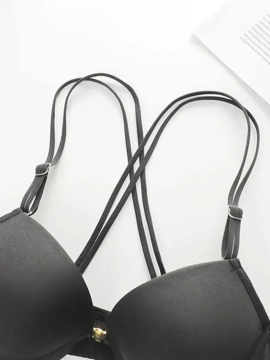 Conjunto de sujetador con tiras cruzadas y botones delanteros para mujer, Push Ups, encaje de Color sólido, conjunto de ropa interior informal cómoda para uso diario Sexy A2159 — image 3