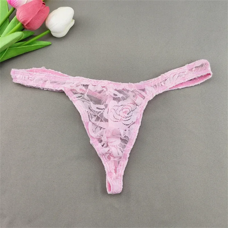Lace Floral Sexy Men's Underwear Solid Hollow Perspective Thong Comfort Bugle Enhance Sissy G-String Gay Low Rise T-back Panties — image 28