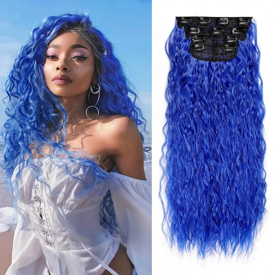 4pcs / set clip dans les extensions de cheveux naturel noir maïs ondulé 20 '' longs bouclés épais postiches synthétiques pour femmes filles fête quotidienne — image 9