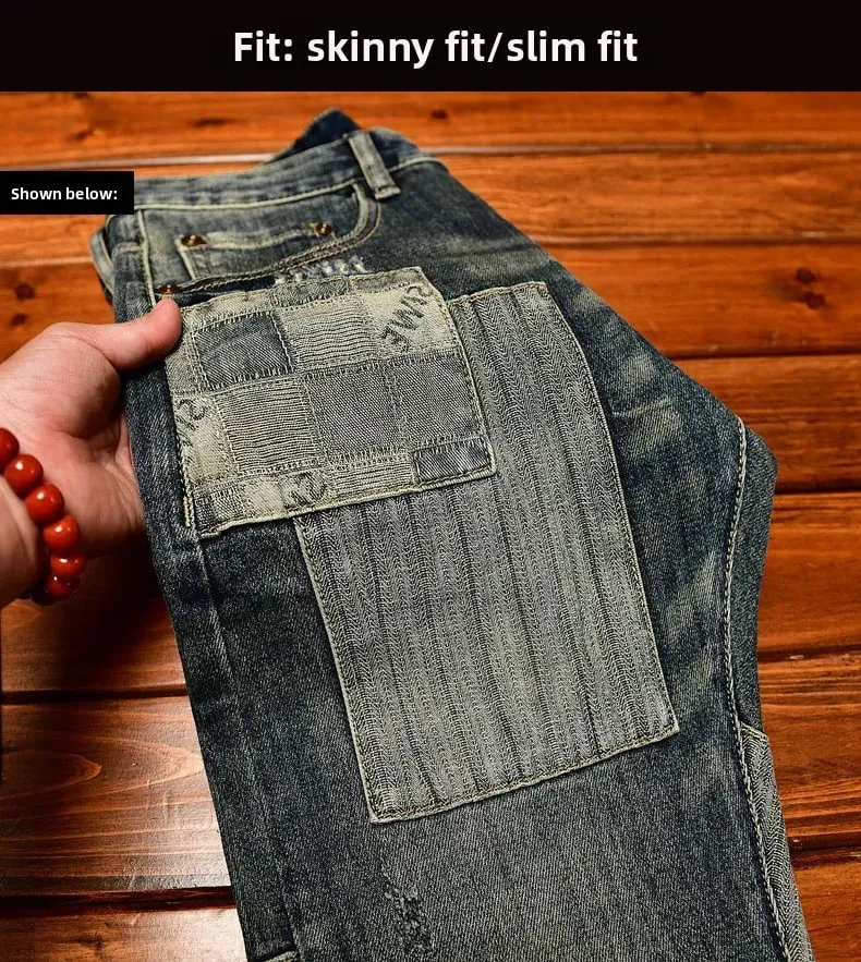 Retro og nostalgisk patchwork-design jeans til mænd trendy og moderigtigt street herretøj slim fit small fod lange bukser — image 9