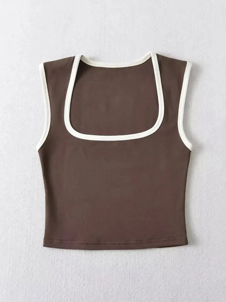 Woman Fashion Slim Solid Contrust Camis Casual Sleeveless Tanks Square Collar Crop Tops Clothing Streetwear Mujer 2024 Y2k — image 6