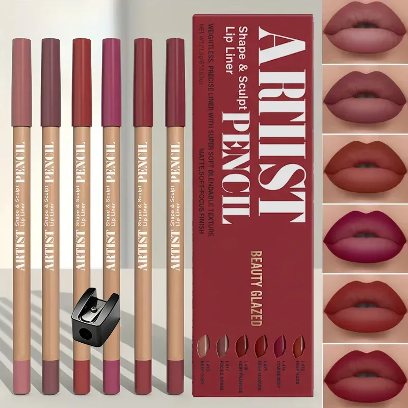 7 stk/sæt Nude Lip Makeup Sæt: 6 Matte Lip Liners + Sharpener. Langtidsholdbare matte læbeforinger med vandtætte læbeforinger — image 4