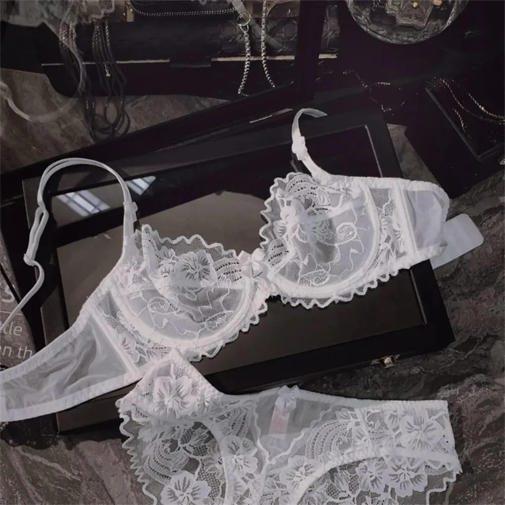 Set Bra Renda Tipis Ultra Nipis Perancis Perspektif Underwire Kecantikan Belakang Peminimum Payudara Besar Set Bra Anti Sag 32-38 Sisi Membentuk Sisi — image 5