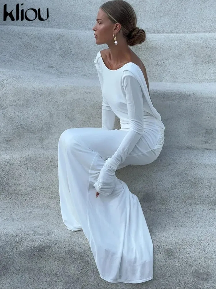 kliou Solid Elegant Dame Maxikjole Enkel Efterår Klassisk Trend Fuldærmet Svingende Rygløs Skede Vestidos Mujer Aftenkåbe — image 1